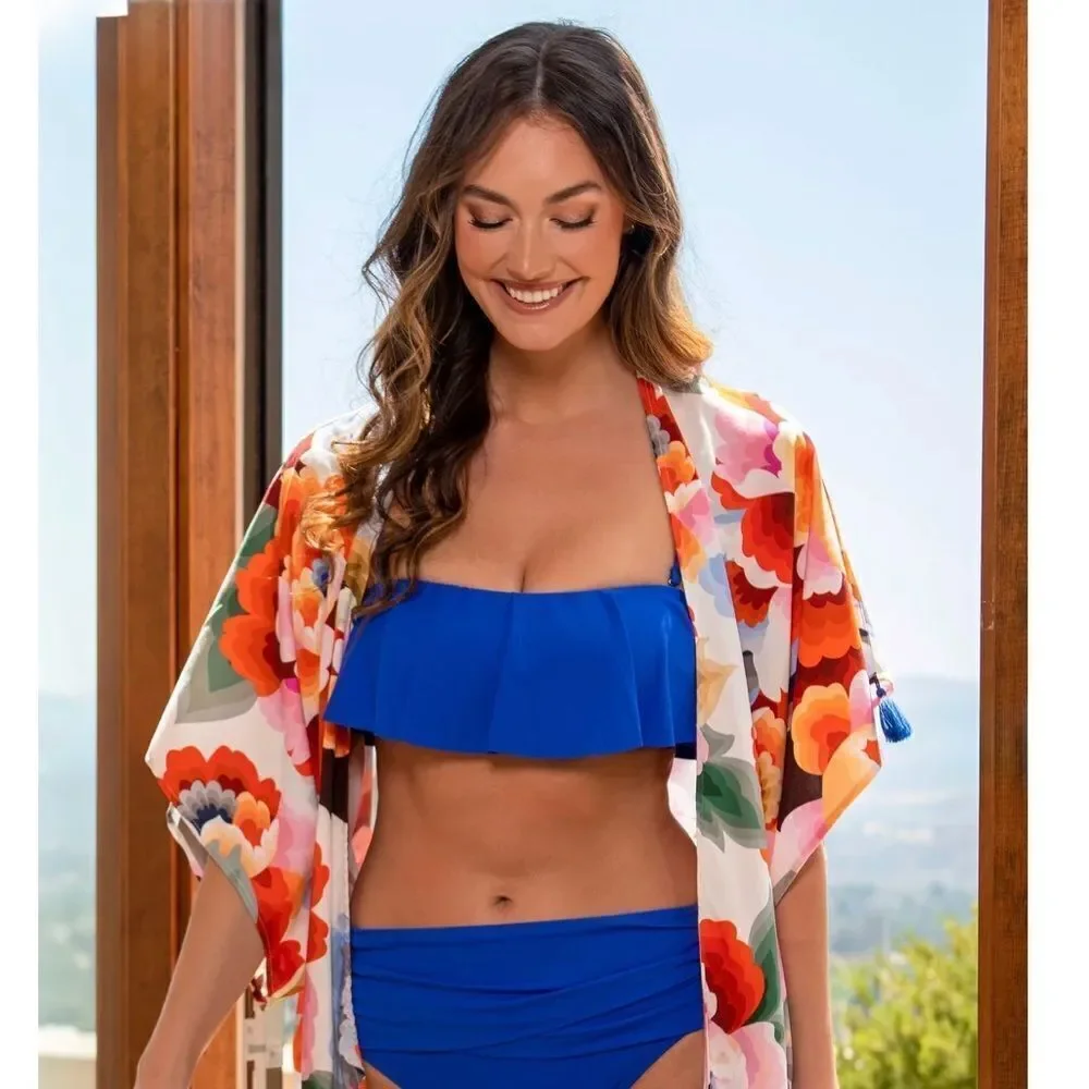 La Blanca Island Goddess Ruffle Bandeau Swimsuit- Sapphire Size 10 NWT